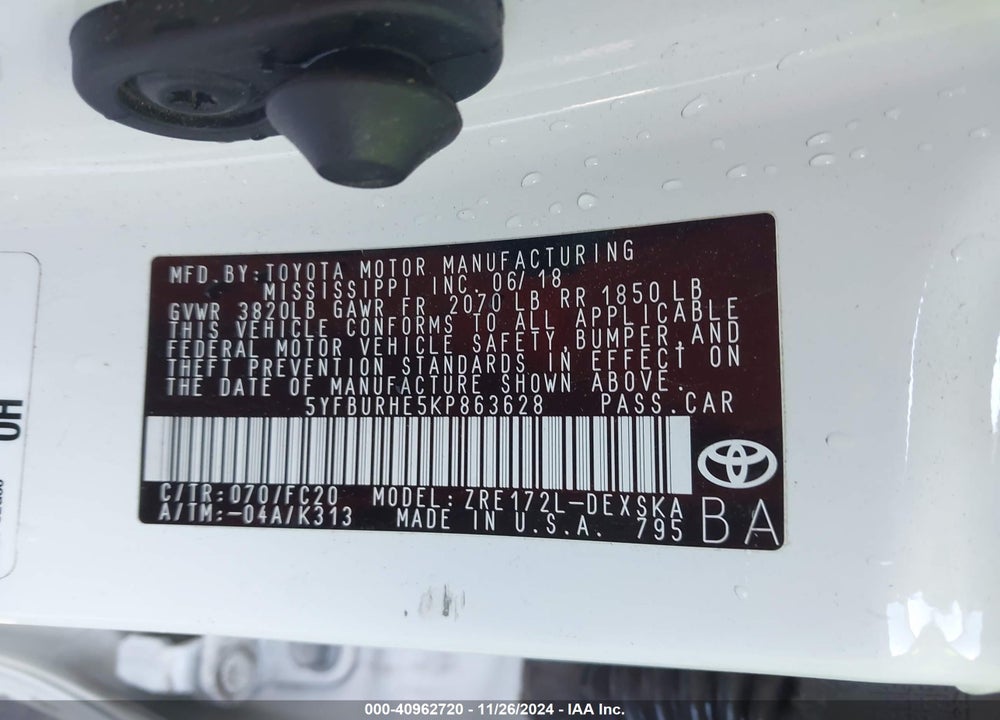 2019 TOYOTA COROLLA SE VIN: 5YFBURHE5KP863628