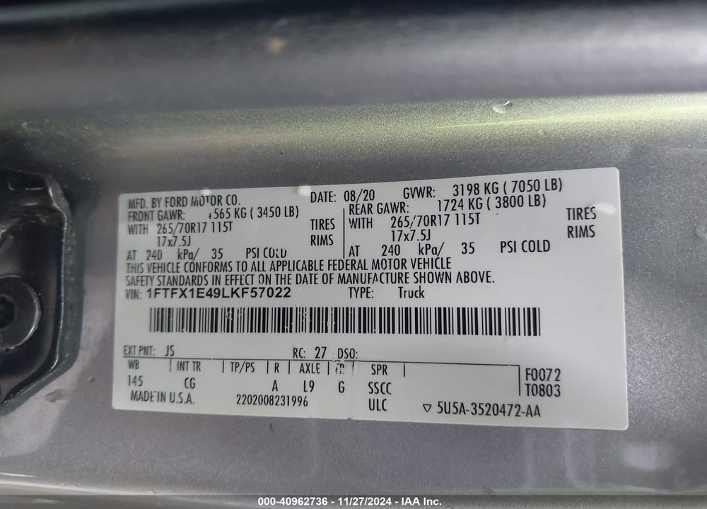 2020 FORD F-150 XL VIN: 1FTFX1E49LKF57022