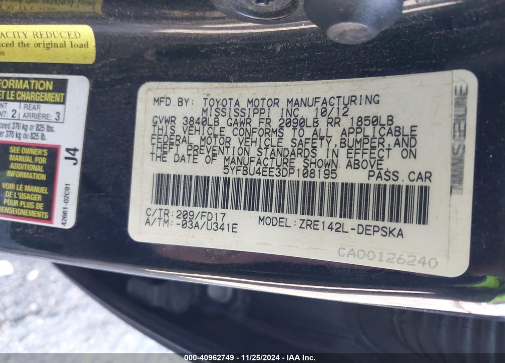 2013 TOYOTA COROLLA S VIN: 5YFBU4EE3DP108195