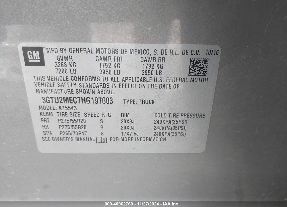 2017 GMC SIERRA 1500 SLE VIN: 3GTU2MEC7HG197603