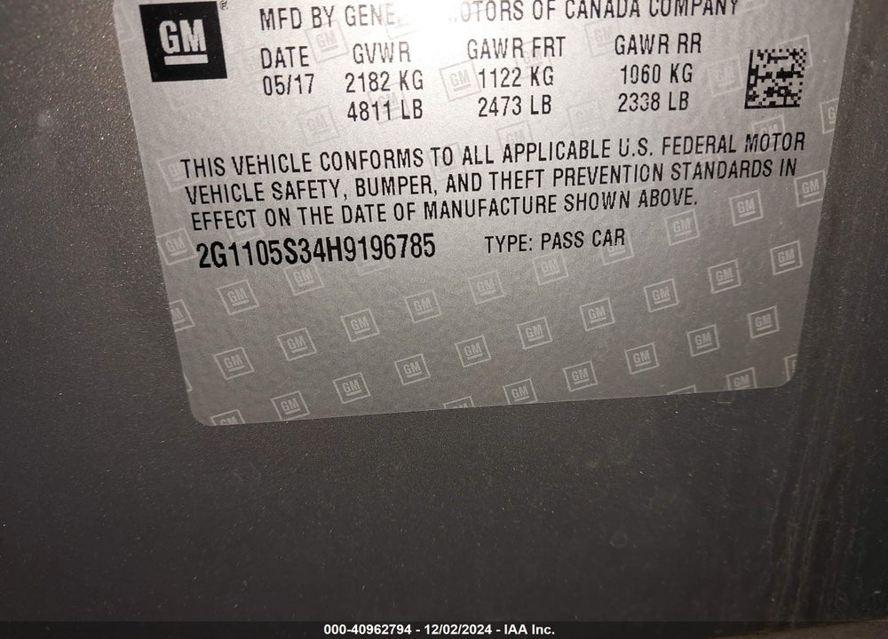 2017 CHEVROLET IMPALA 1LT VIN: 2G1105S34H9196785
