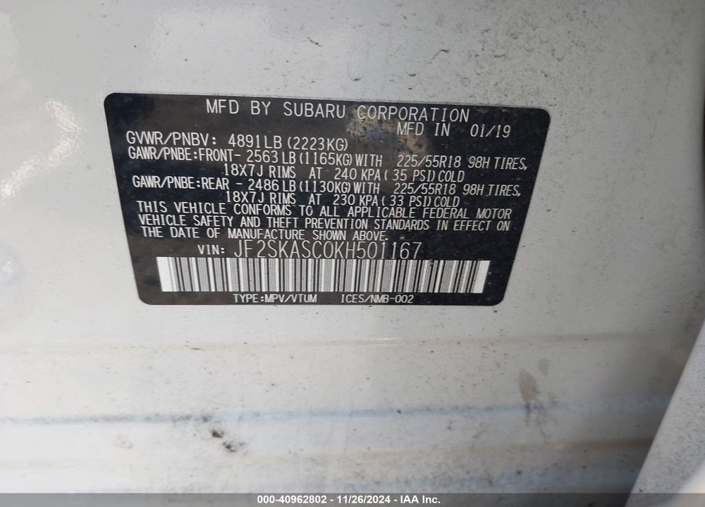 2019 SUBARU FORESTER LIMITED VIN: JF2SKASC0KH501167