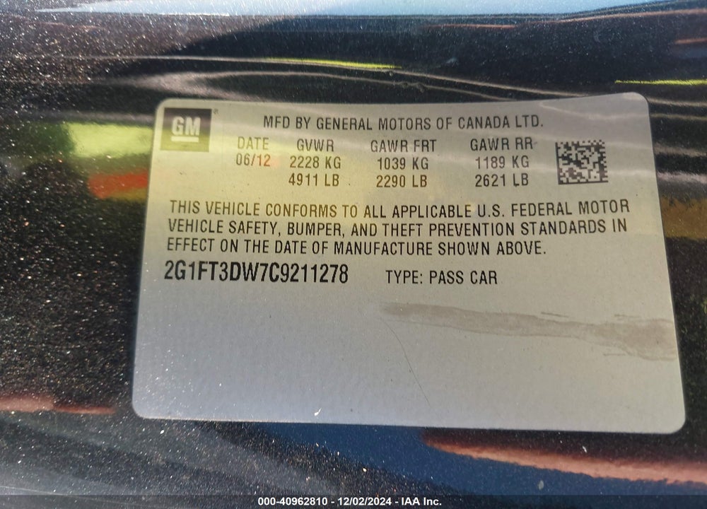 2012 CHEVROLET CAMARO 2SS VIN: 2G1FT3DW7C9211278