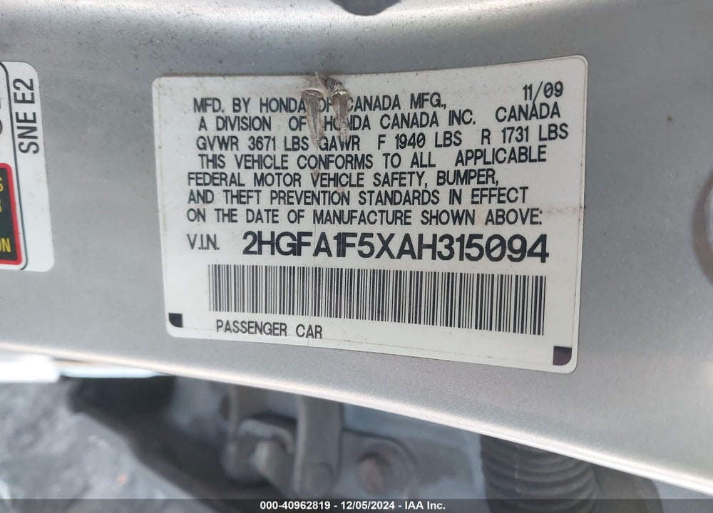 2010 HONDA CIVIC LX VIN: 2HGFA1F5XAH315094