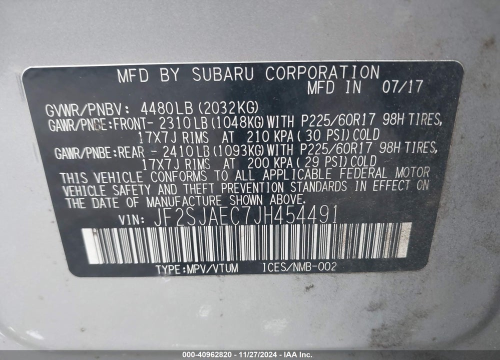 2018 SUBARU FORESTER 2.5I PREMIUM VIN: JF2SJAEC7JH454491