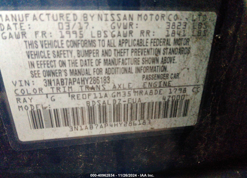 2017 NISSAN SENTRA VIN: 3N1AB7AP4HY286183