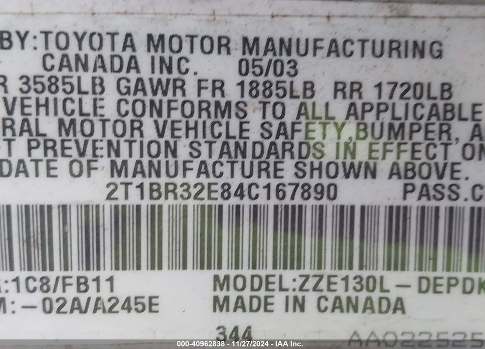 2004 TOYOTA COROLLA CE VIN: 2T1BR32E84C167890