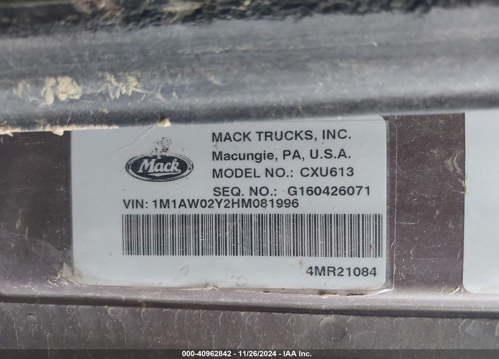 2017 MACK PINNACLE VIN: 1M1AW02Y2HM081996