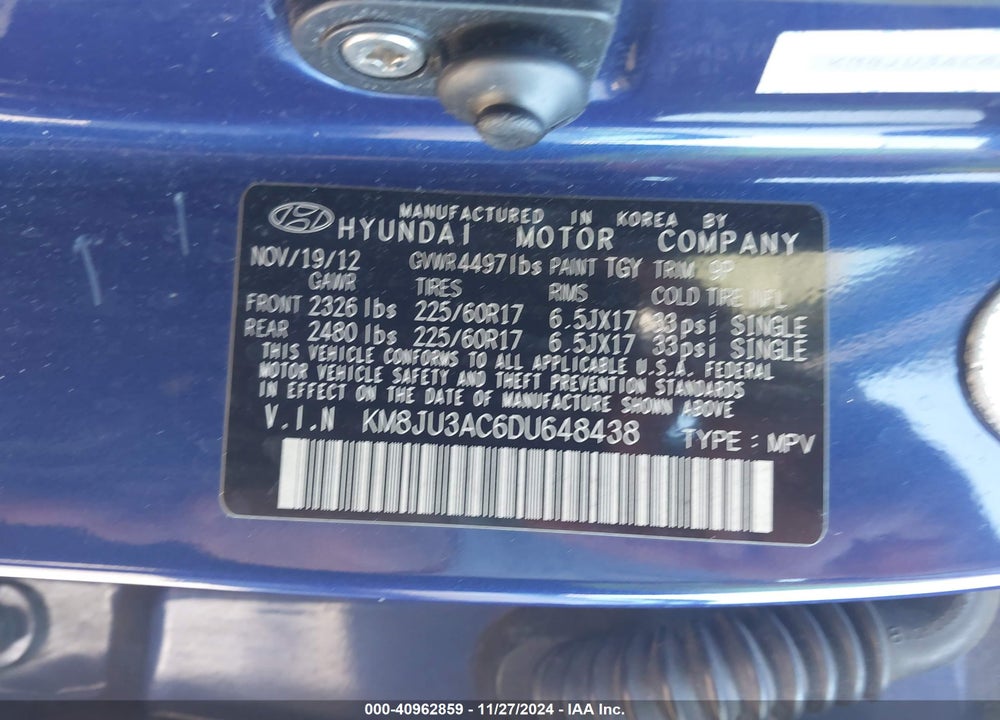 2013 HYUNDAI TUCSON GLS VIN: KM8JU3AC6DU648438