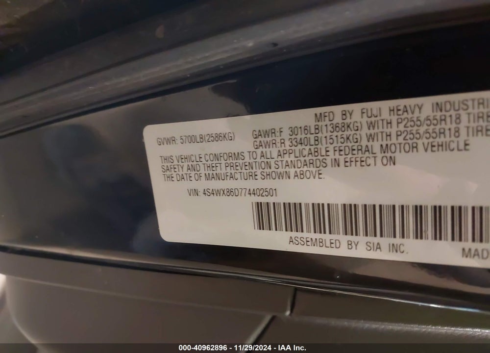 2007 SUBARU B9 TRIBECA LIMITED 7-PASSENGER VIN: 4S4WX86D774402501