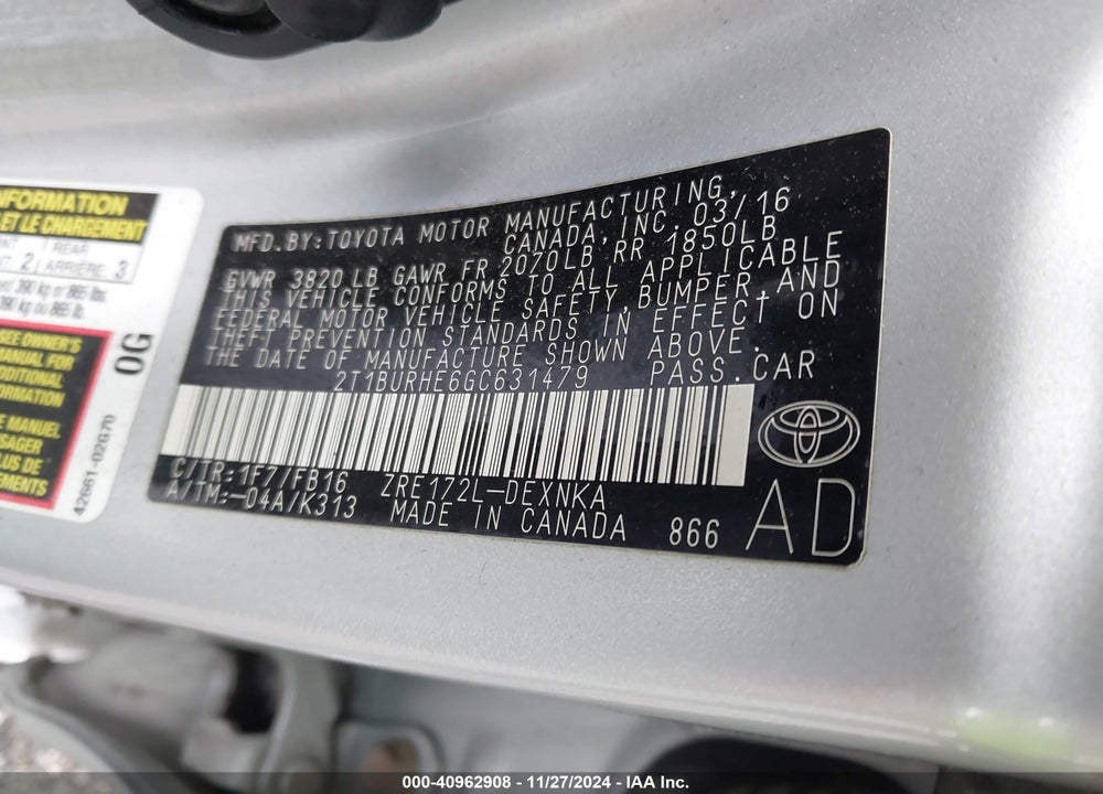 2016 TOYOTA COROLLA LE VIN: 2T1BURHE6GC631479