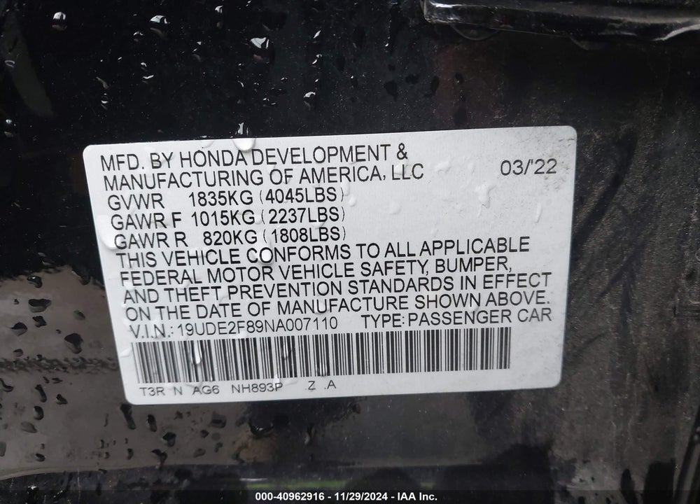 2022 ACURA ILX PREMIUM A-SPEC PACKAGES/TECHNOLOGY A-SPEC PACKAGES VIN: 19UDE2F89NA007110