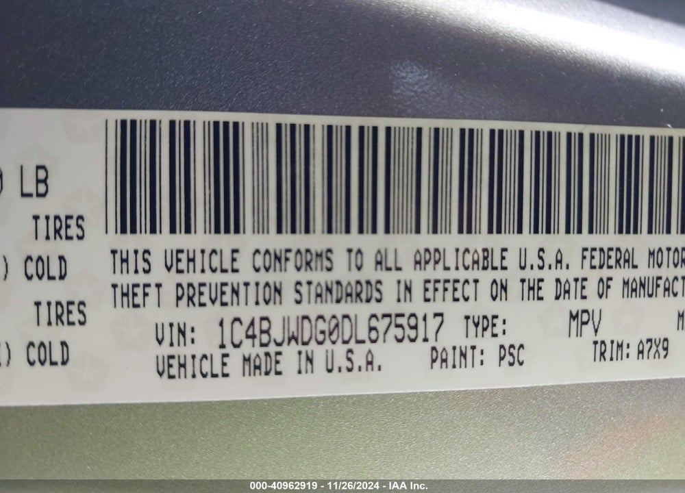 2013 JEEP WRANGLER UNLIMITED SPORT VIN: 1C4BJWDG0DL675917