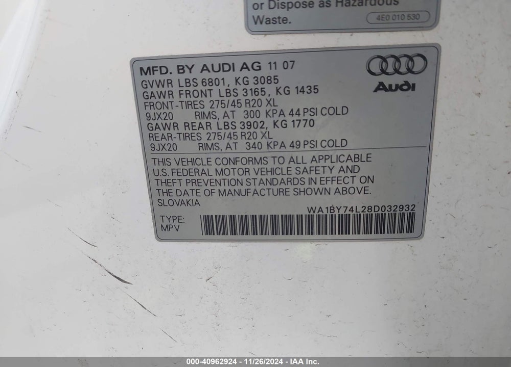 2008 AUDI Q7 3.6 PREMIUM VIN: WA1BY74L28D032932