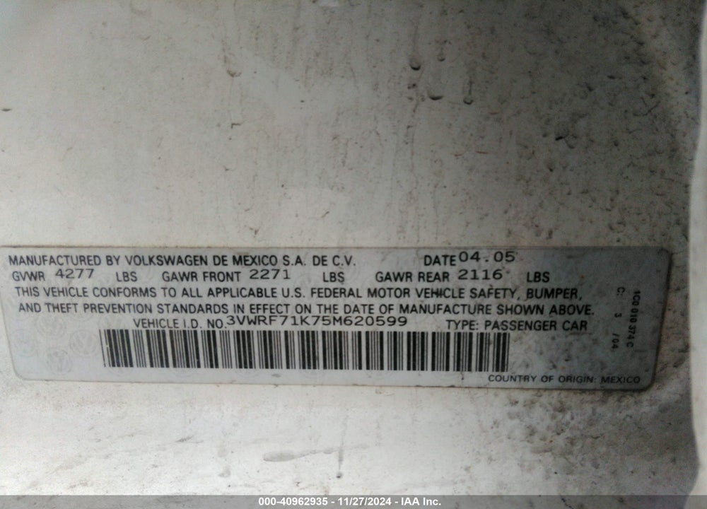 2005 VOLKSWAGEN JETTA 2.5 VIN: 3VWRF71K75M620599