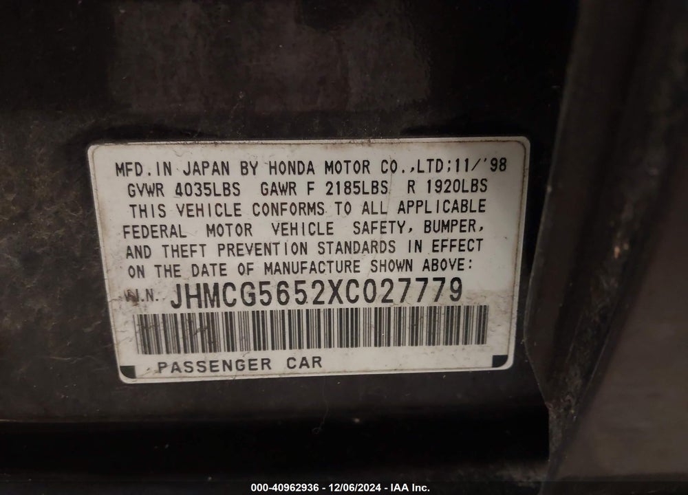 1999 HONDA ACCORD EX VIN: JHMCG5652XC027779