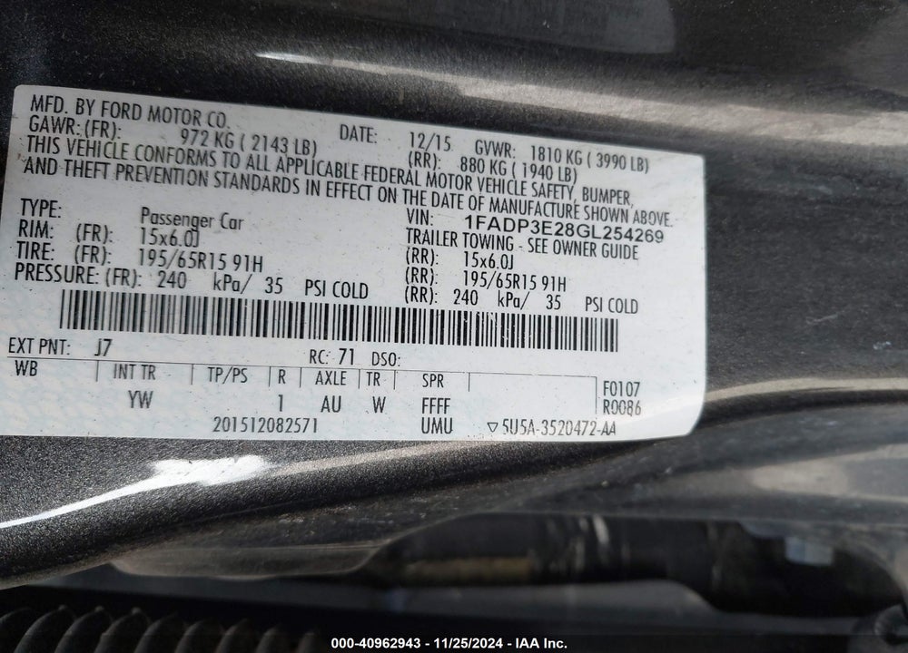 2016 FORD FOCUS S VIN: 1FADP3E28GL254269