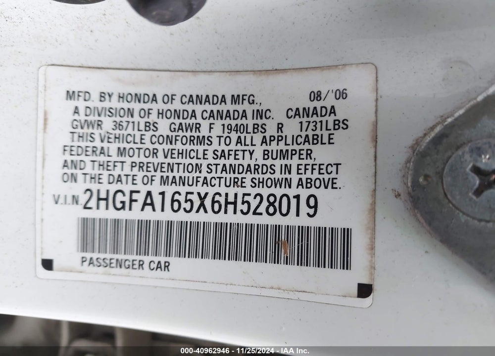 2006 HONDA CIVIC LX VIN: 2HGFA165X6H528019