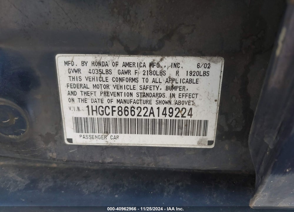 2002 HONDA ACCORD 2.3 VP VIN: 1HGCF86622A149224