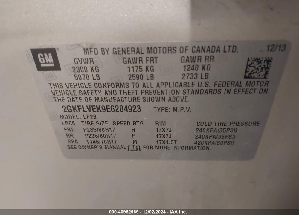 2014 GMC TERRAIN SLE-1 VIN: 2GKFLVEK9E6204923