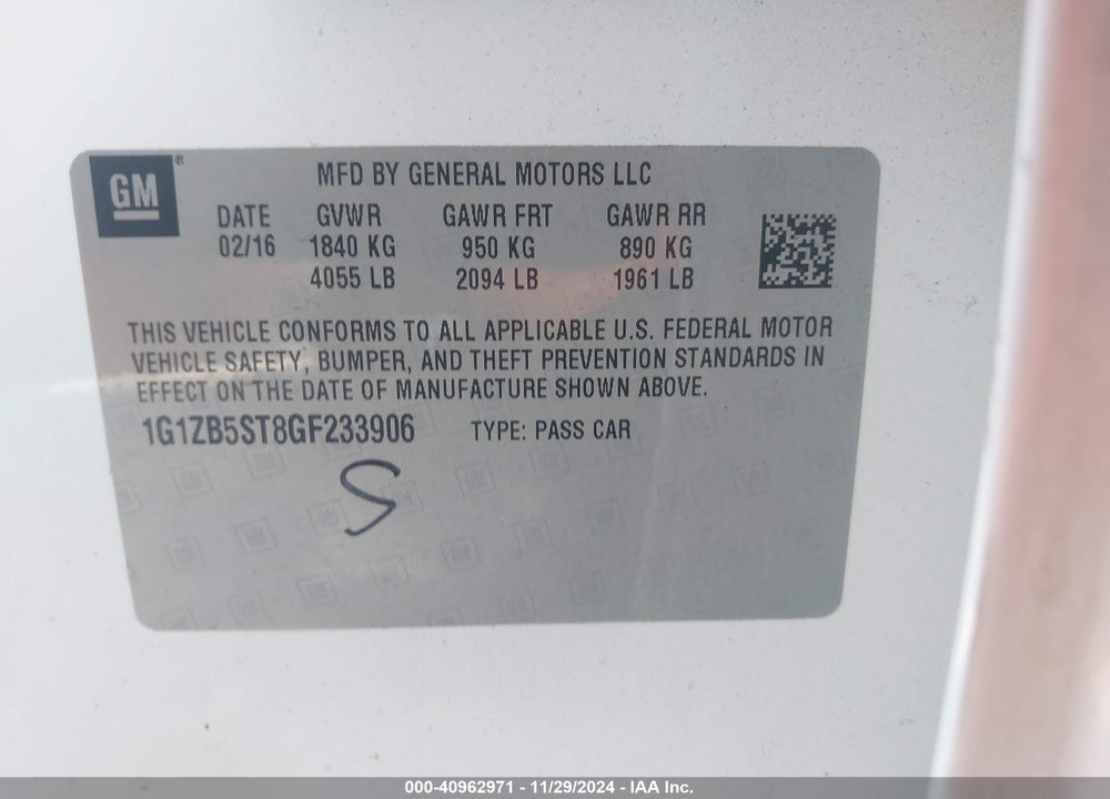 2016 CHEVROLET MALIBU VIN: 1G1ZB5ST8GF233906