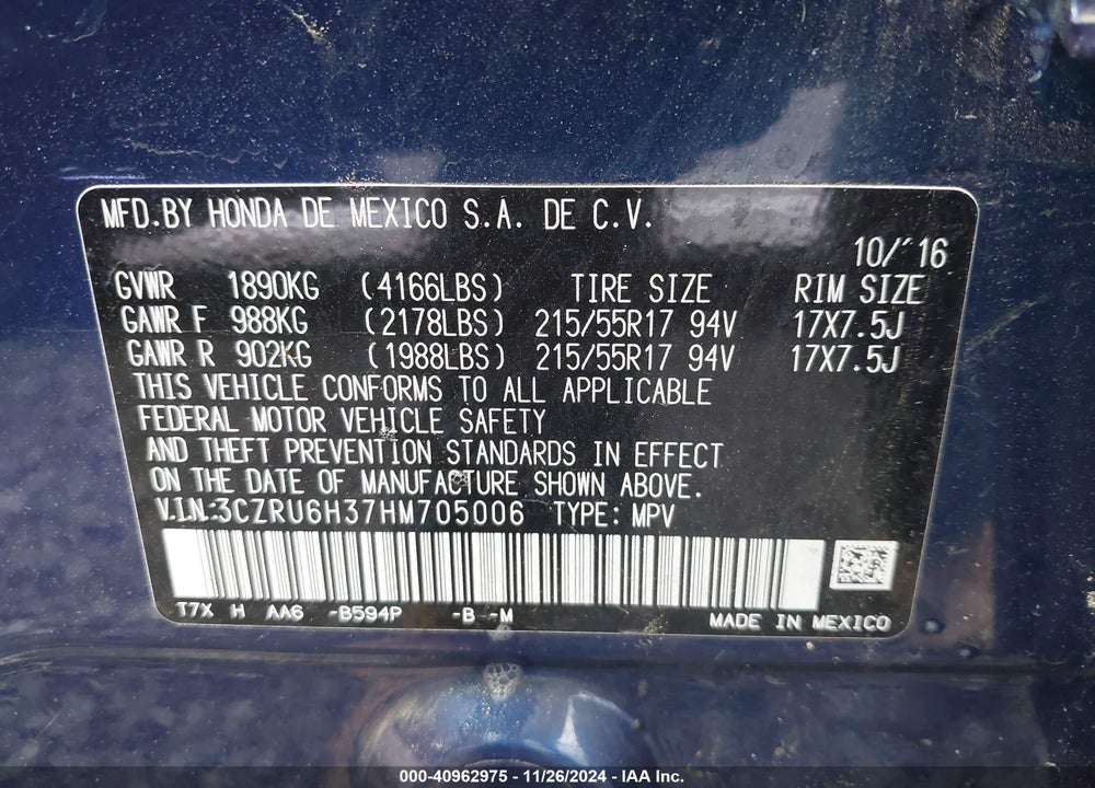 2017 HONDA HR-V LX VIN: 3CZRU6H37HM705006