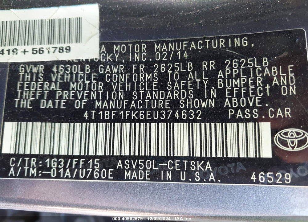 2014 TOYOTA CAMRY SE VIN: 4T1BF1FK6EU374632