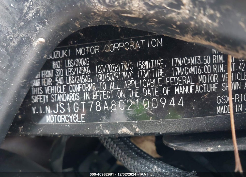2012 SUZUKI GSX-R1000 VIN: JS1GT78A8C2100944