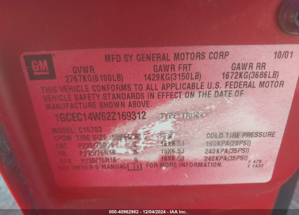 2002 CHEVROLET SILVERADO 1500 VIN: 1GCEC14W62Z169312
