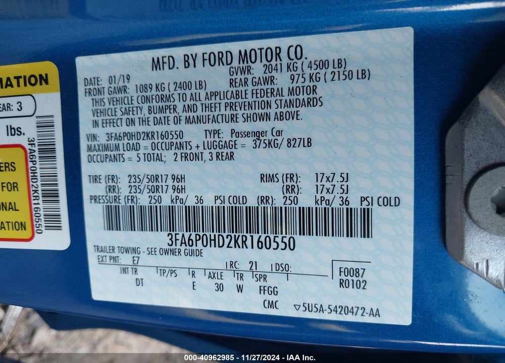 2019 FORD FUSION SE VIN: 3FA6P0HD2KR160550