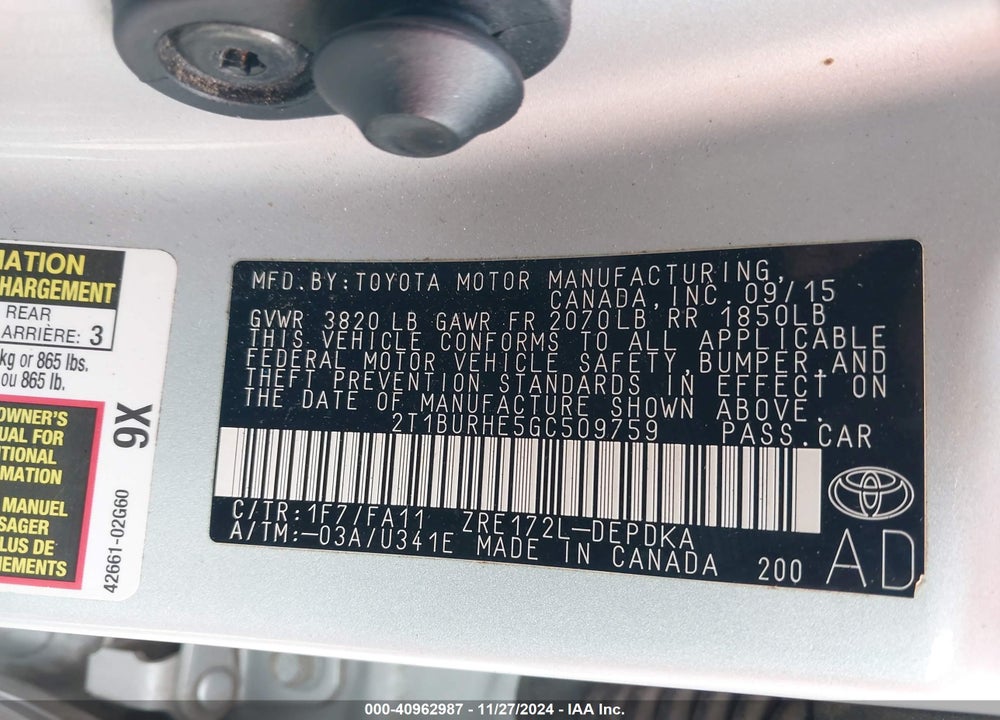 2016 TOYOTA COROLLA VIN: 2T1BURHE5GC509759