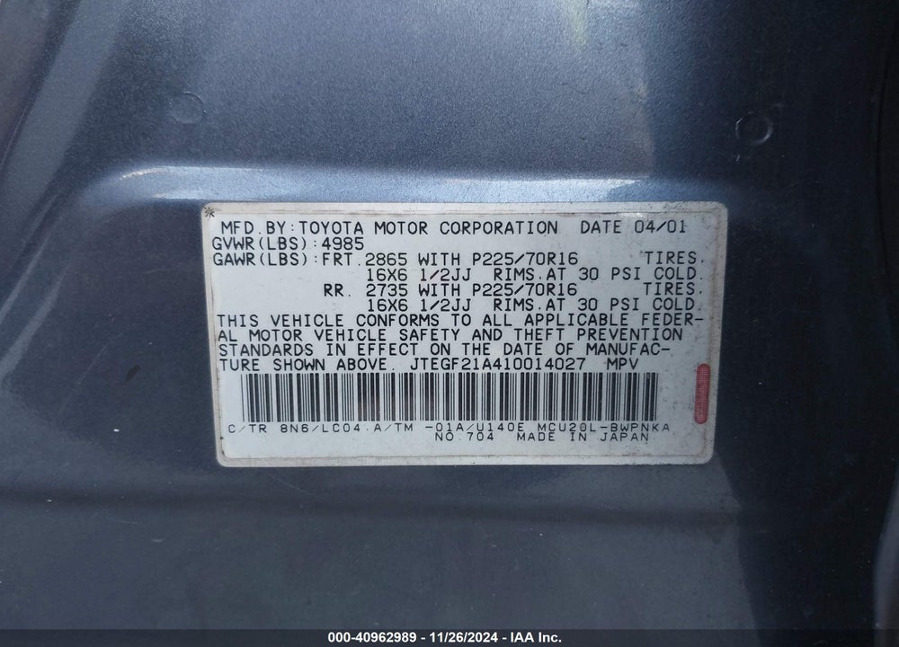 2001 TOYOTA HIGHLANDER V6 VIN: JTEGF21A410014027