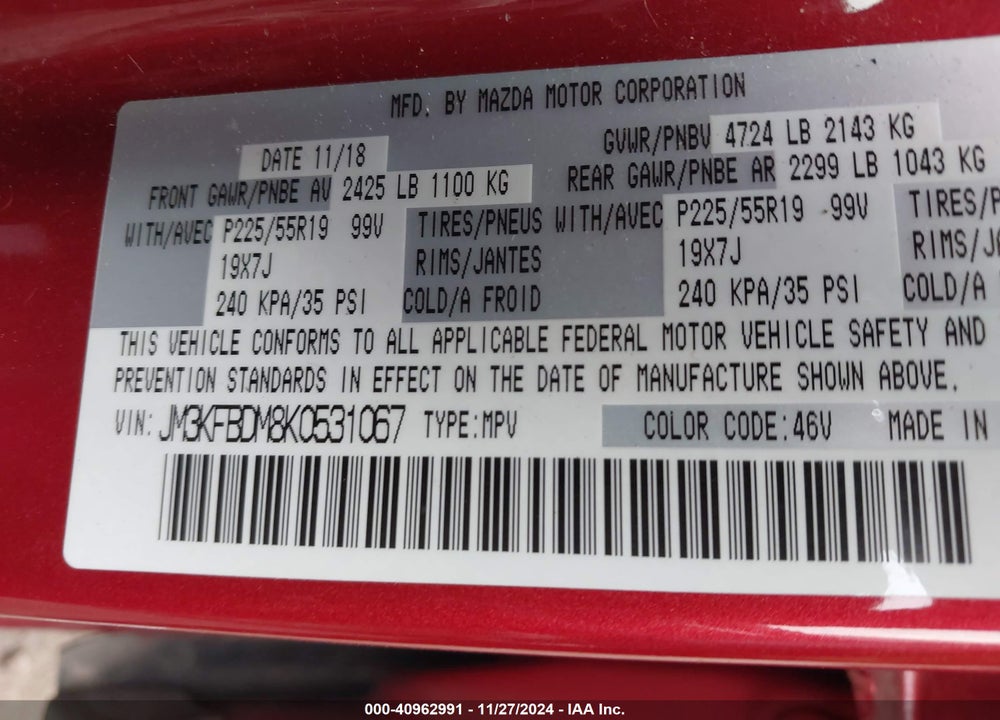 2019 MAZDA CX-5 GRAND TOURING VIN: JM3KFBDM8K0531067