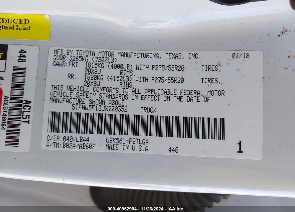 2018 TOYOTA TUNDRA VIN: 5TFHW5F13JX720352