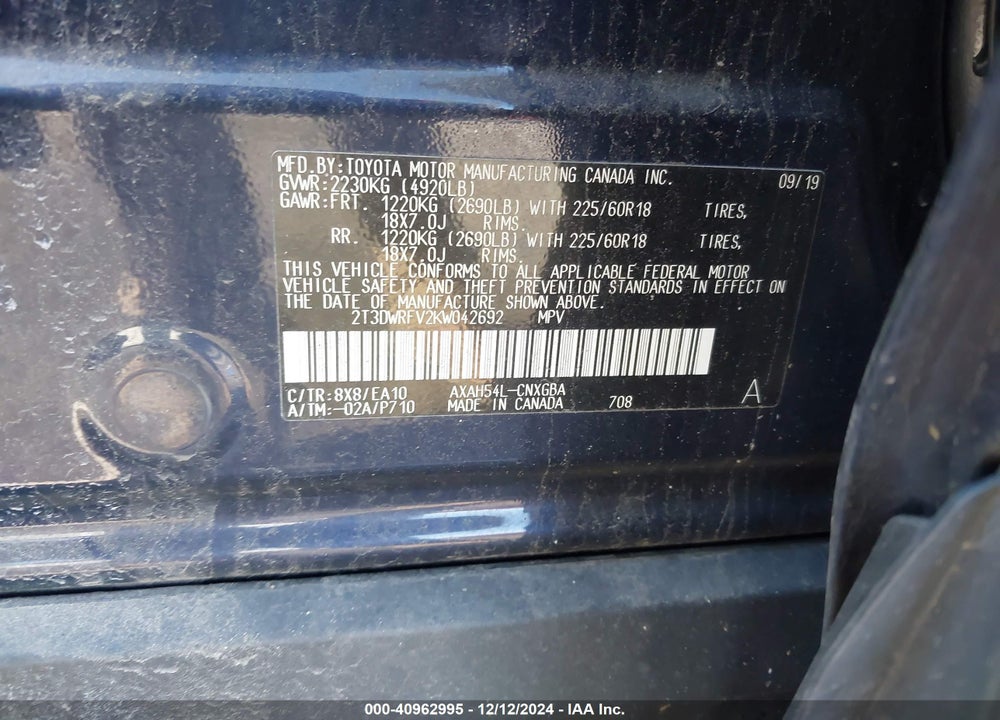 2019 TOYOTA RAV4 HYBRID LIMITED VIN: 2T3DWRFV2KW042692