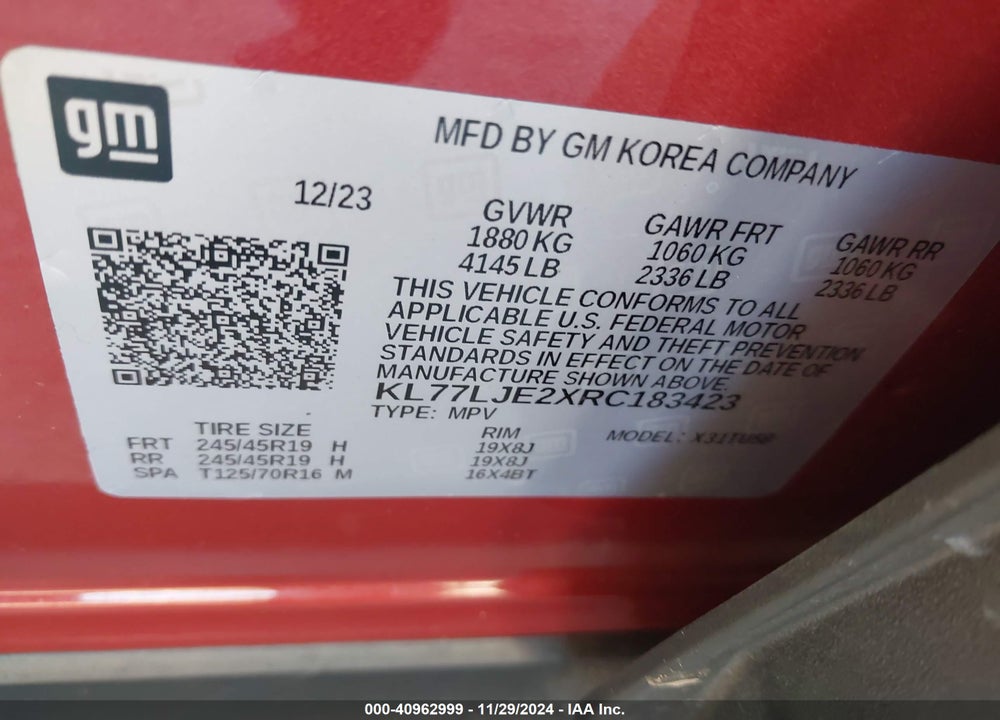 2024 CHEVROLET TRAX FWD 2RS VIN: KL77LJE2XRC183423