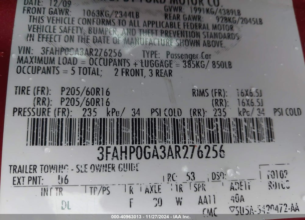 2010 FORD FUSION S VIN: 3FAHP0GA3AR276256