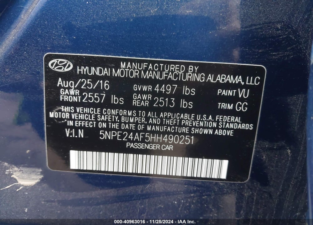 2017 HYUNDAI SONATA VIN: 5NPE24AF5HH490251