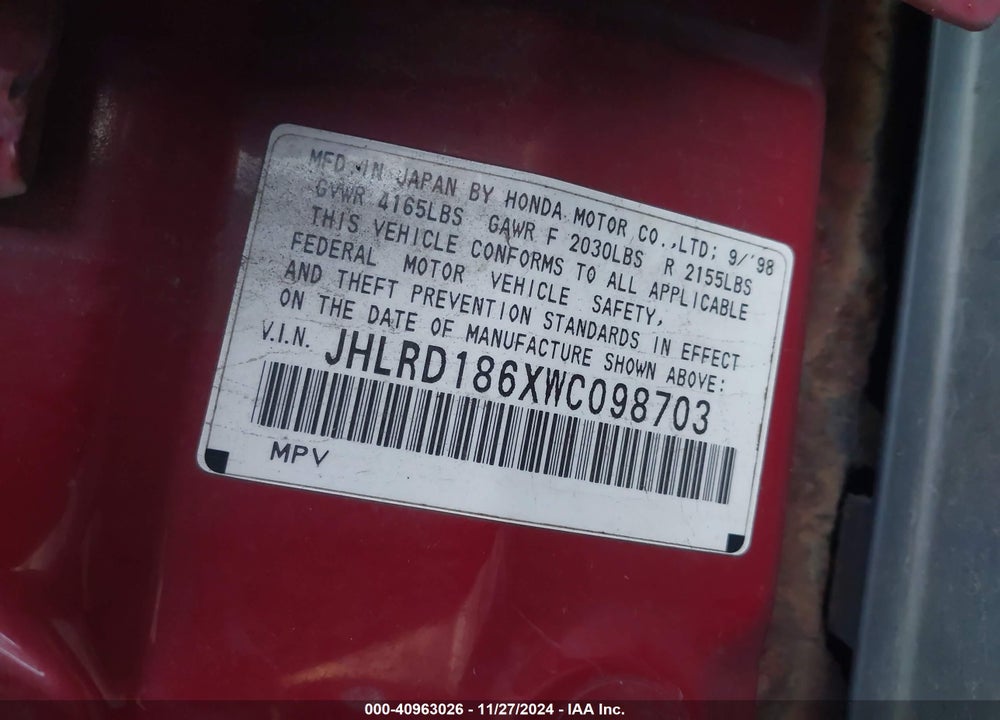 1998 HONDA CR-V EX VIN: JHLRD186XWC098703