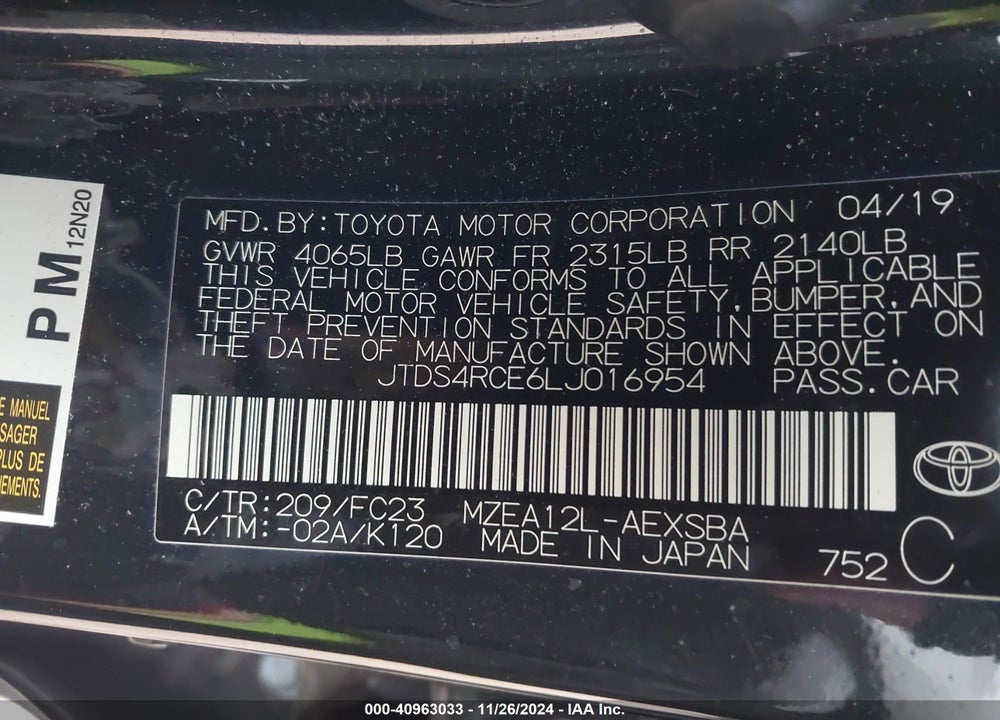 2020 TOYOTA COROLLA SE VIN: JTDS4RCE6LJ016954
