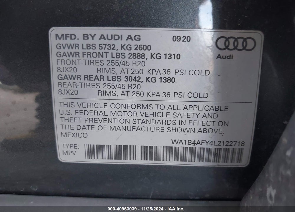2020 AUDI SQ5 PREMIUM PLUS TFSI QUATTRO TIPTRONIC VIN: WA1B4AFY4L2122718