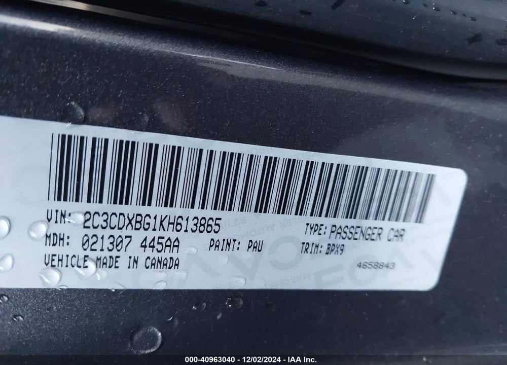 2019 DODGE CHARGER SXT RWD VIN: 2C3CDXBG1KH613865