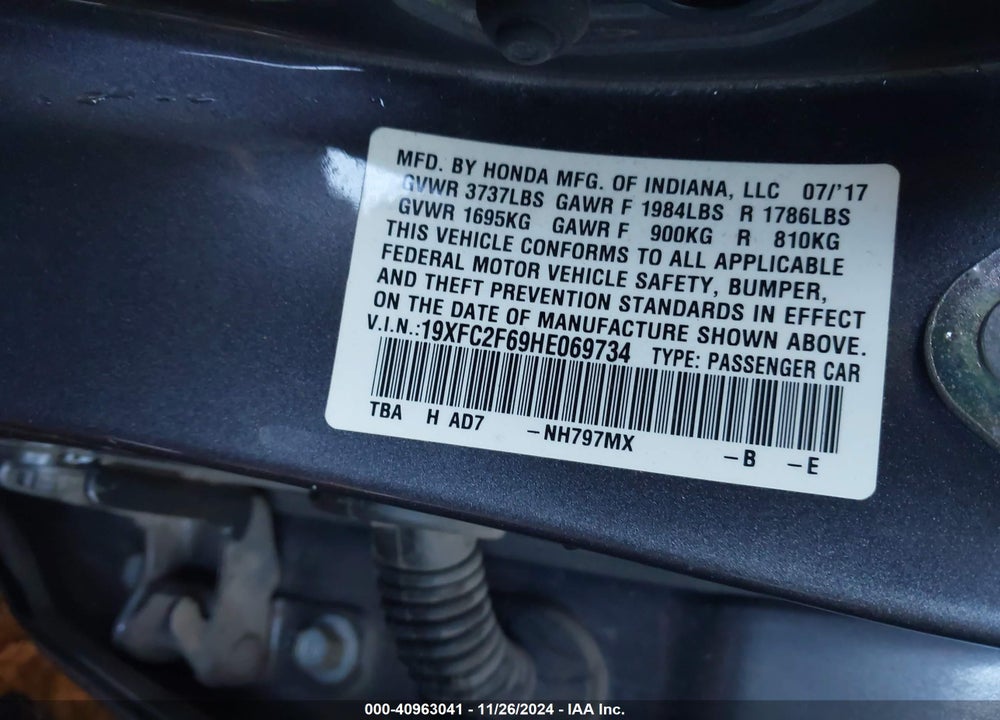 2017 HONDA CIVIC VIN: 19XFC2F69HE069734