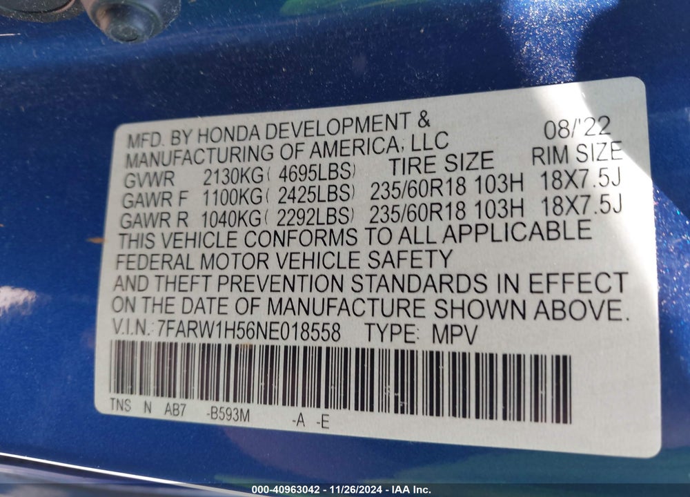 2022 HONDA CR-V 2WD EX VIN: 7FARW1H56NE018558