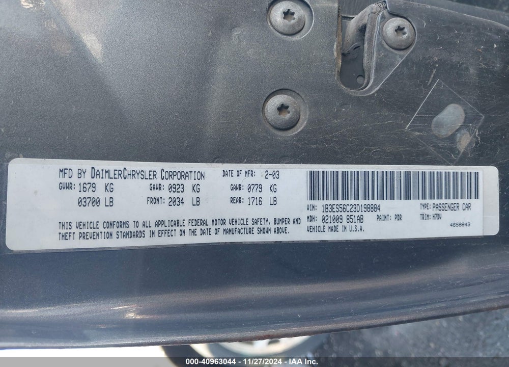 2003 DODGE NEON SXT VIN: 1B3ES56C23D198884
