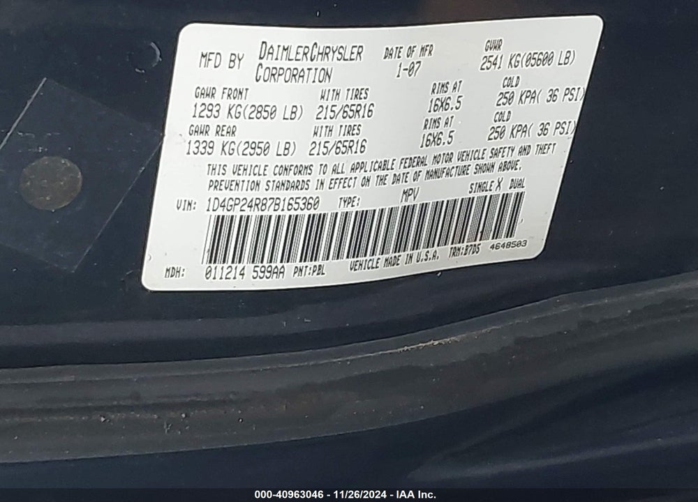 2007 DODGE GRAND CARAVAN SE VIN: 1D4GP24R87B165360