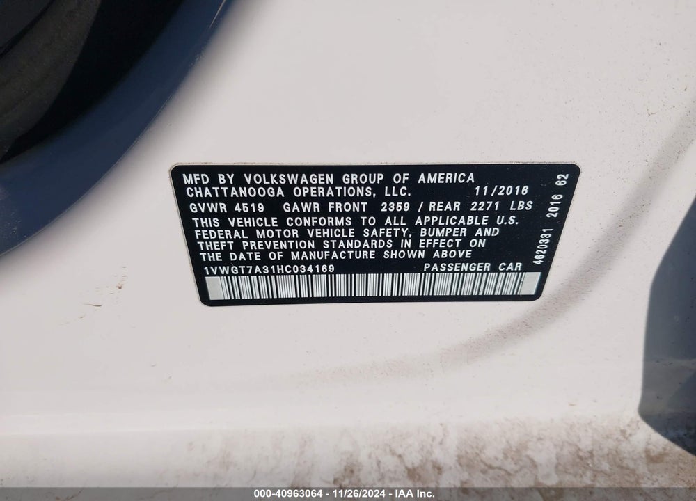 2017 VOLKSWAGEN PASSAT 1.8T SE VIN: 1VWGT7A31HC034169