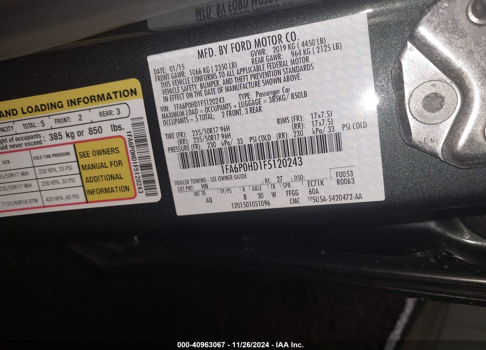 2015 FORD FUSION SE VIN: 1FA6P0HD1F5120243
