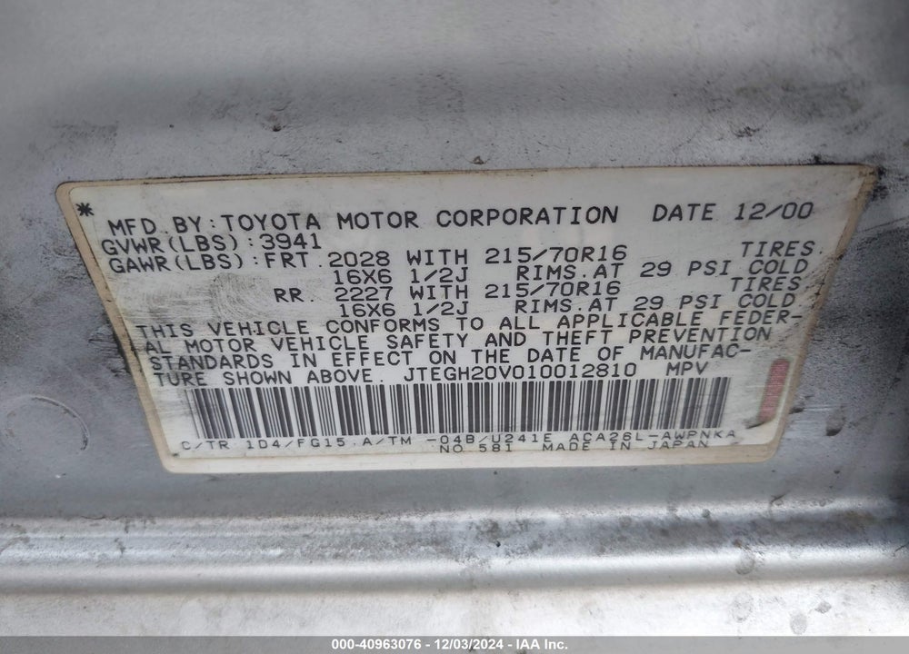 2001 TOYOTA RAV4 VIN: JTEGH20V010012810