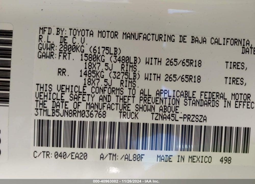 2024 TOYOTA TACOMA DOUBLE CAB/SR5/TRD SPORT/TRD OFF ROAD/LTD VIN: 3TMLB5JN8RM036768